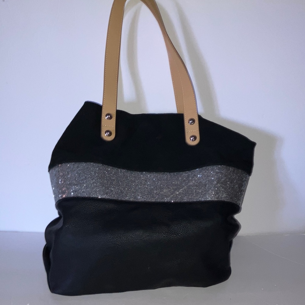 Steve Madden Black Tote with Silver Sparkle Stripe and Tan Handles